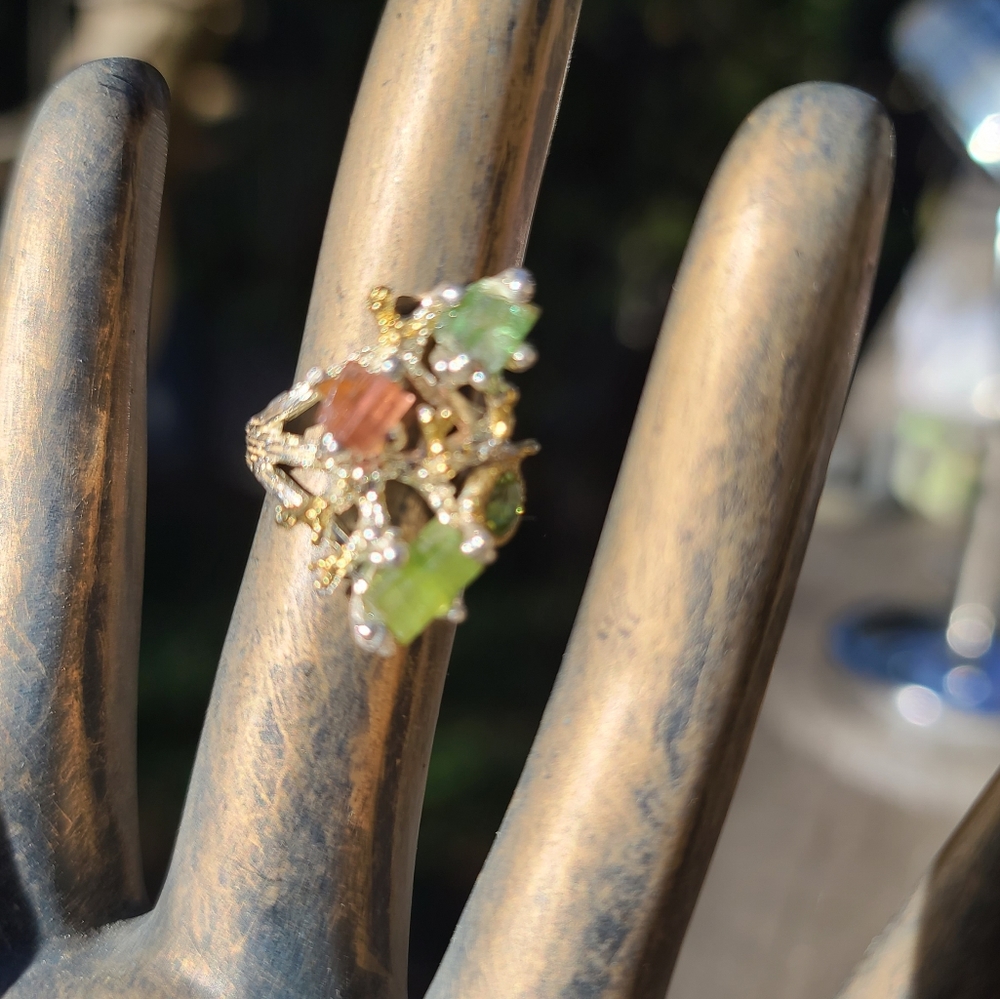Turmulene green ocean & watermelon 🍉 w/Peridot sterling & gold ring sz6.5 - Picture 7 of 11